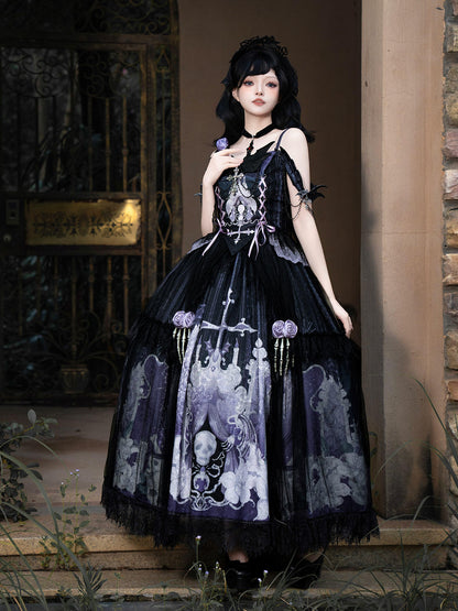 Black Gothic Off-Shoulder Skull Print Lolita Dress YOU0309