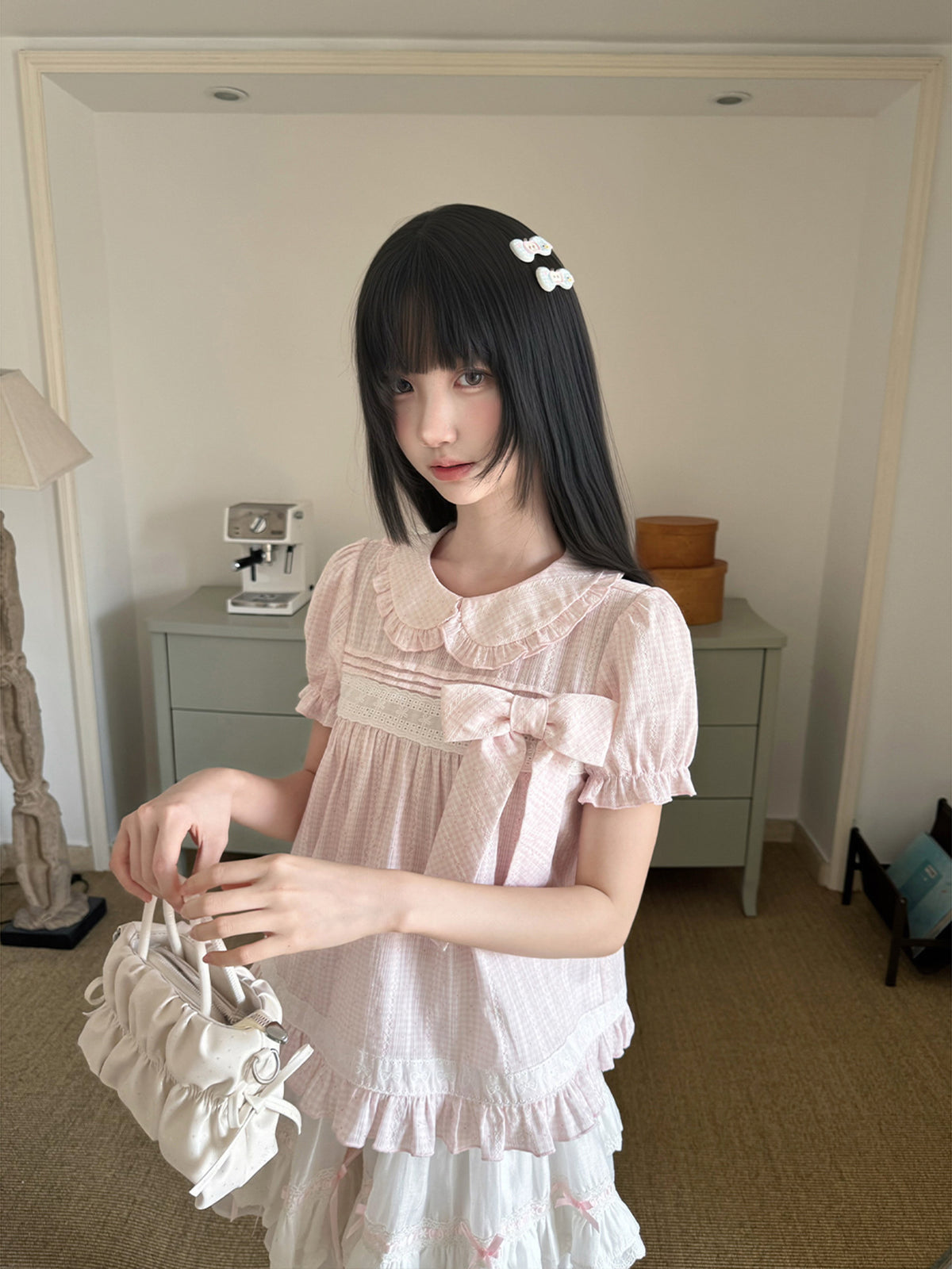 Sweet Bow Lace Doll Collar Puff Sleeve Dress LAL0225
