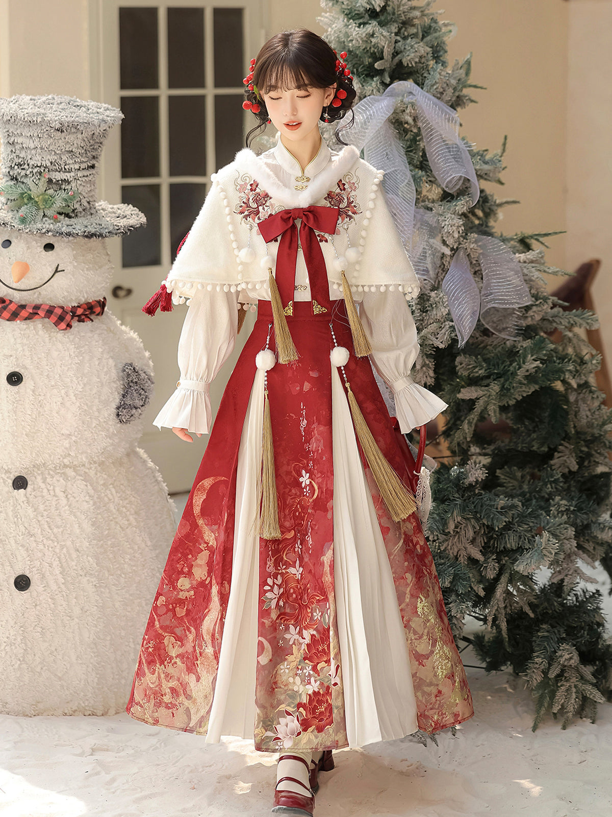 Chinese Style Floral Shirt Skirt And Cape Set YOU0325