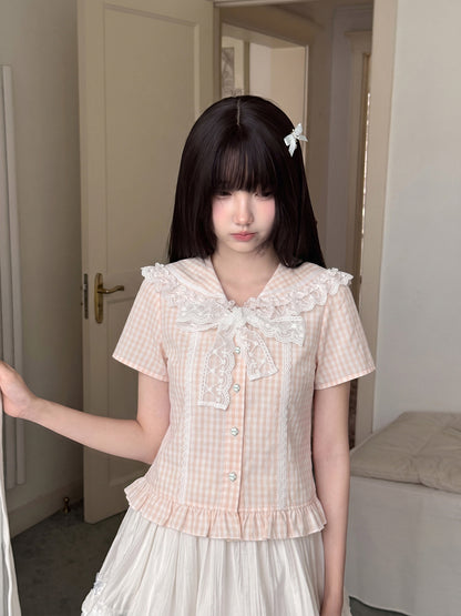 Gingham Ruffle Collar Puff Sleeve Blouse LAL0215