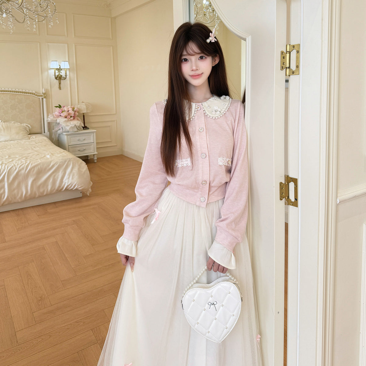 Doll Collar Knit Cardigan Mesh Skirt Set BEL0043