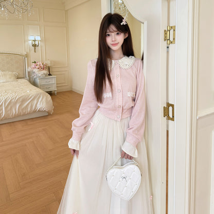 Doll Collar Knit Cardigan Mesh Skirt Set BEL0043
