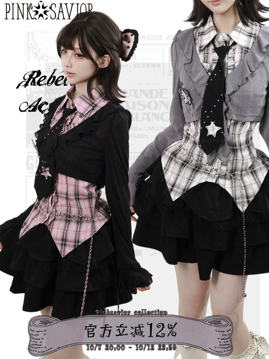 Plaid Vest Shirt And Ruffle Tier Skirt PIN0044