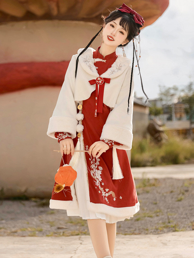 Chinese New Year Fur-Trim Jacket Dress Set YOU0241