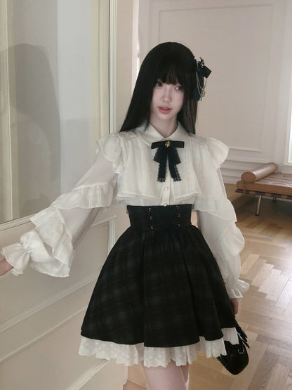Ribbon Collar Blouse And Plaid Skirt Set LAL0141