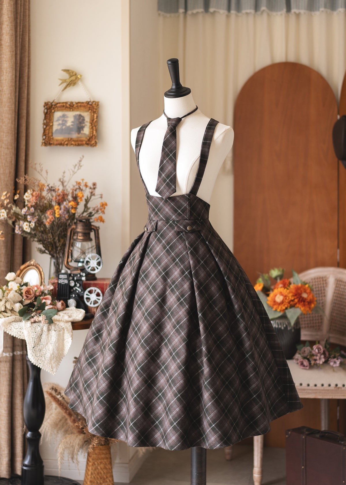 British Vintage Plaid College Suspender Skirt FOR0078