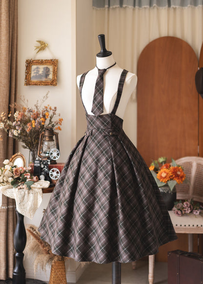 British Vintage Plaid College Suspender Skirt FOR0078