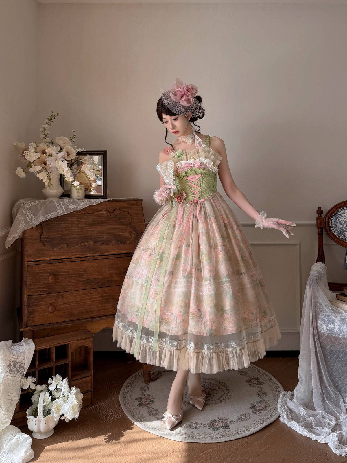 Floral Print Ribbon Waist Garden Dress ONE0024
