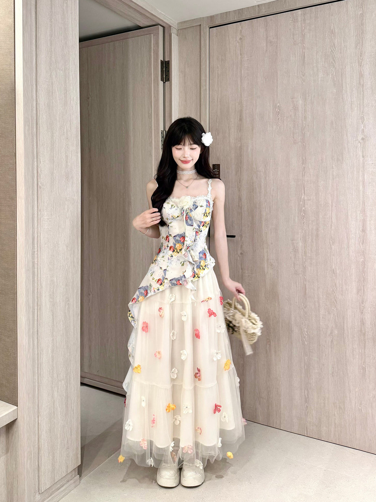 Floral Strap Top Mesh Skirt Set BEL0036