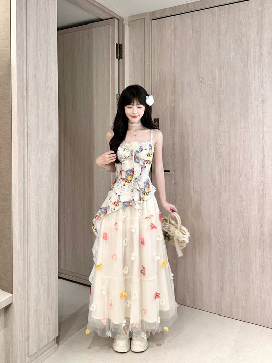 Floral Strap Top Mesh Skirt Set BEL0036