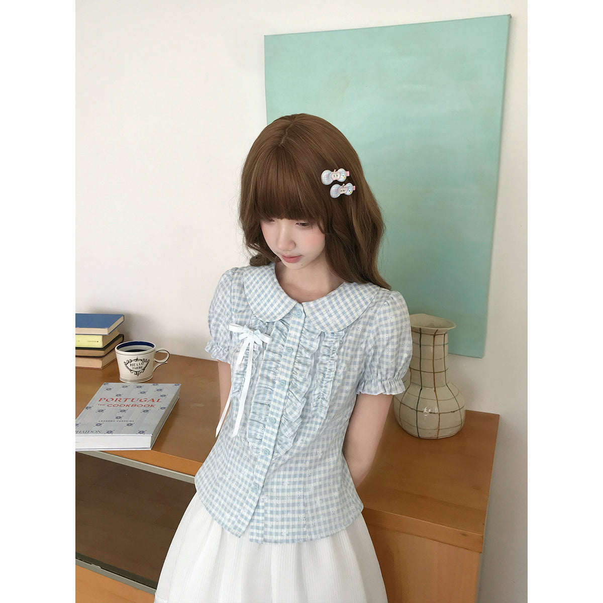 Blue White Gingham Doll Collar Blouse LAL0206