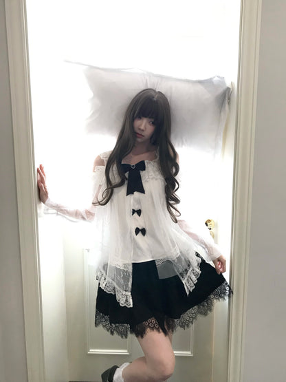 Off Shoulder Sheer Lace Blouse With Bow Trim LAL0128