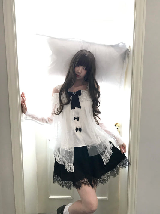 Off Shoulder Sheer Lace Blouse With Bow Trim LAL0128
