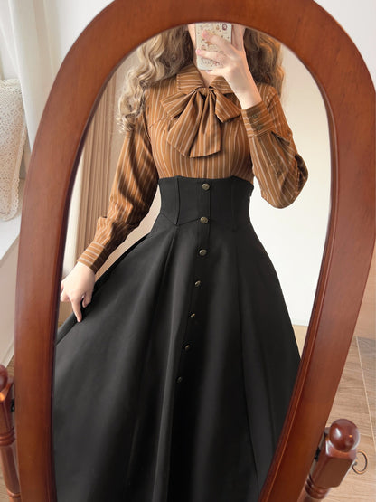 Striped Bow Collar Long-Sleeve Shirt FOR0062