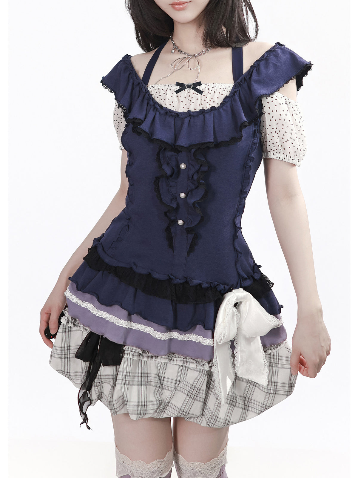 Corset Bodice Top And Plaid Bubble Skirt PIN0049