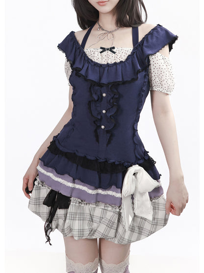 Corset Bodice Top And Plaid Bubble Skirt PIN0049