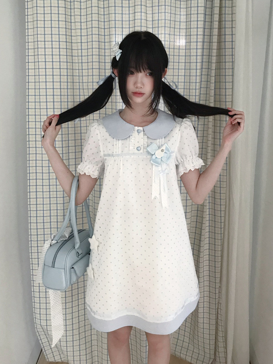 Baby Blue Collar Polka Dot Babydoll Dress LAL0185