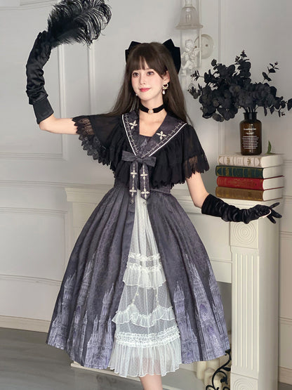 Church Print Suspender Cape Dress YOU0051