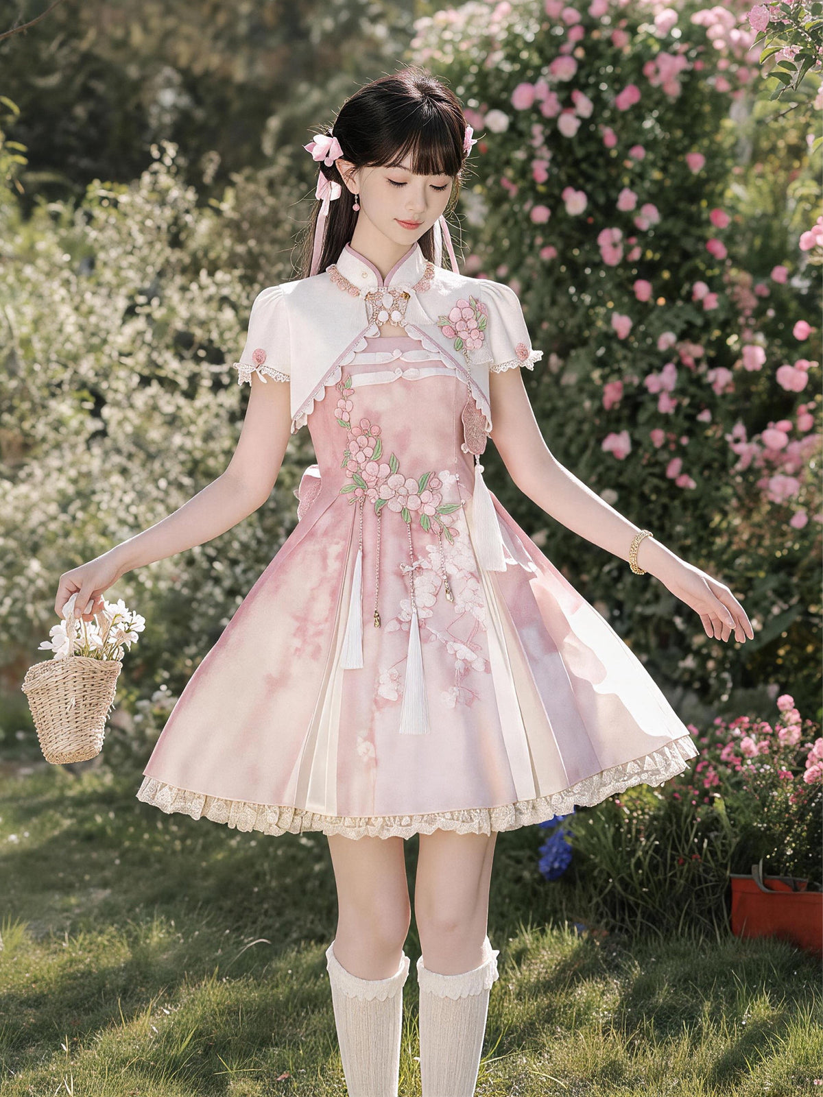 Chinese Style Cherry Blossom Embroidered Cape Dress YOU0272