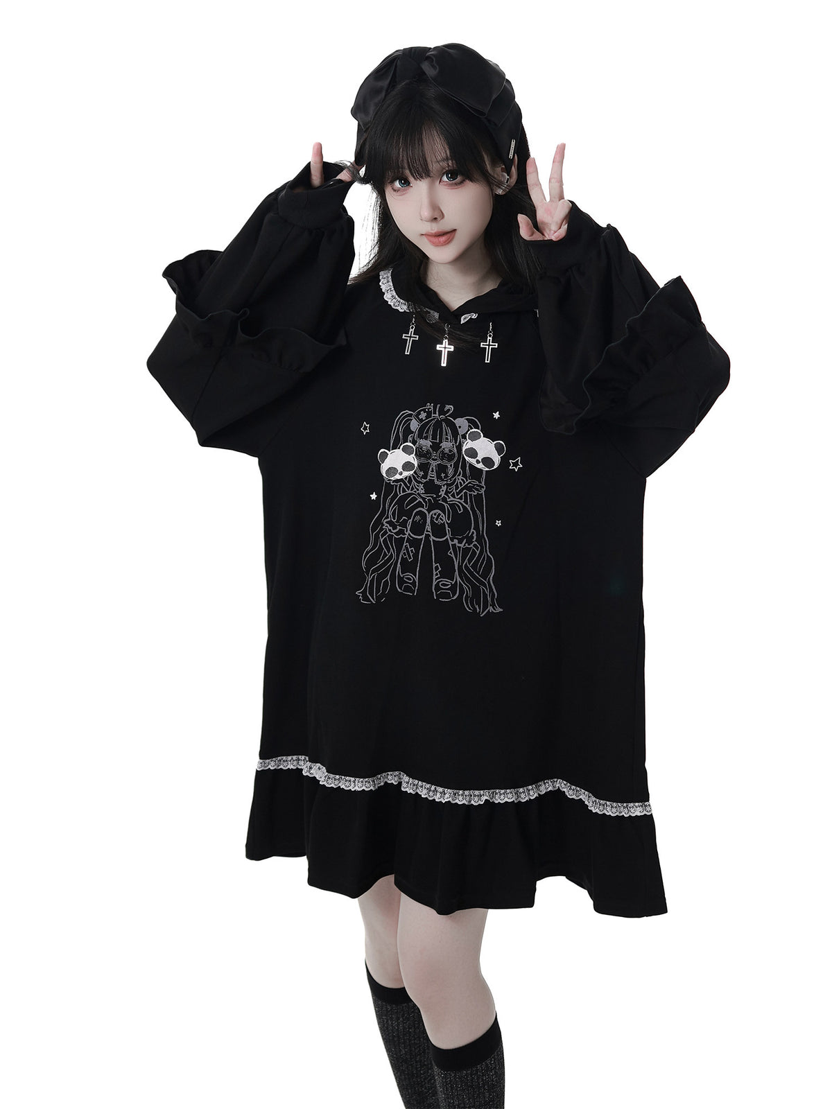Gothic Skull Print Hooded Sweatshirt Dress PIN0065