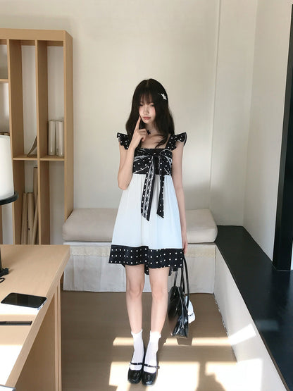Polka Dot Bow Tie Pleated Dress LAL0193