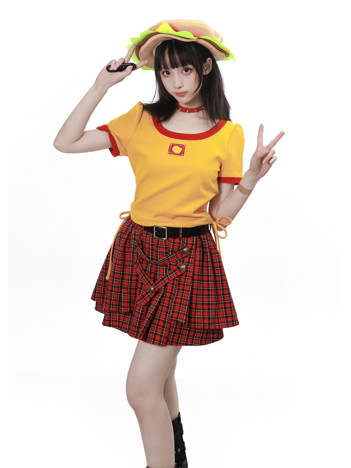V-Neck Color Block Sweatshirt And Plaid Skirt Set PIN0052