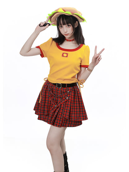 V-Neck Color Block Sweatshirt And Plaid Skirt Set PIN0052