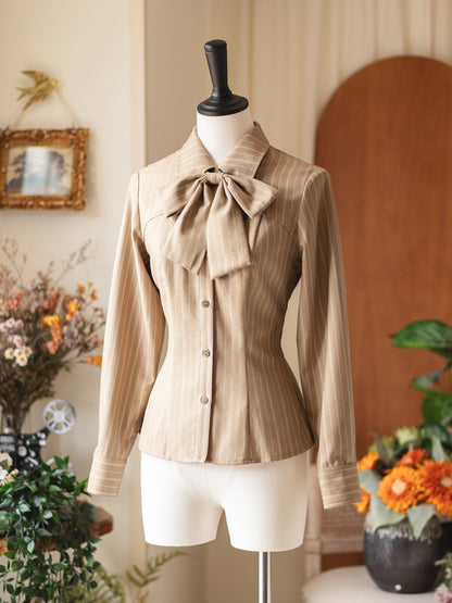 Striped Bow Collar Long-Sleeve Shirt FOR0062