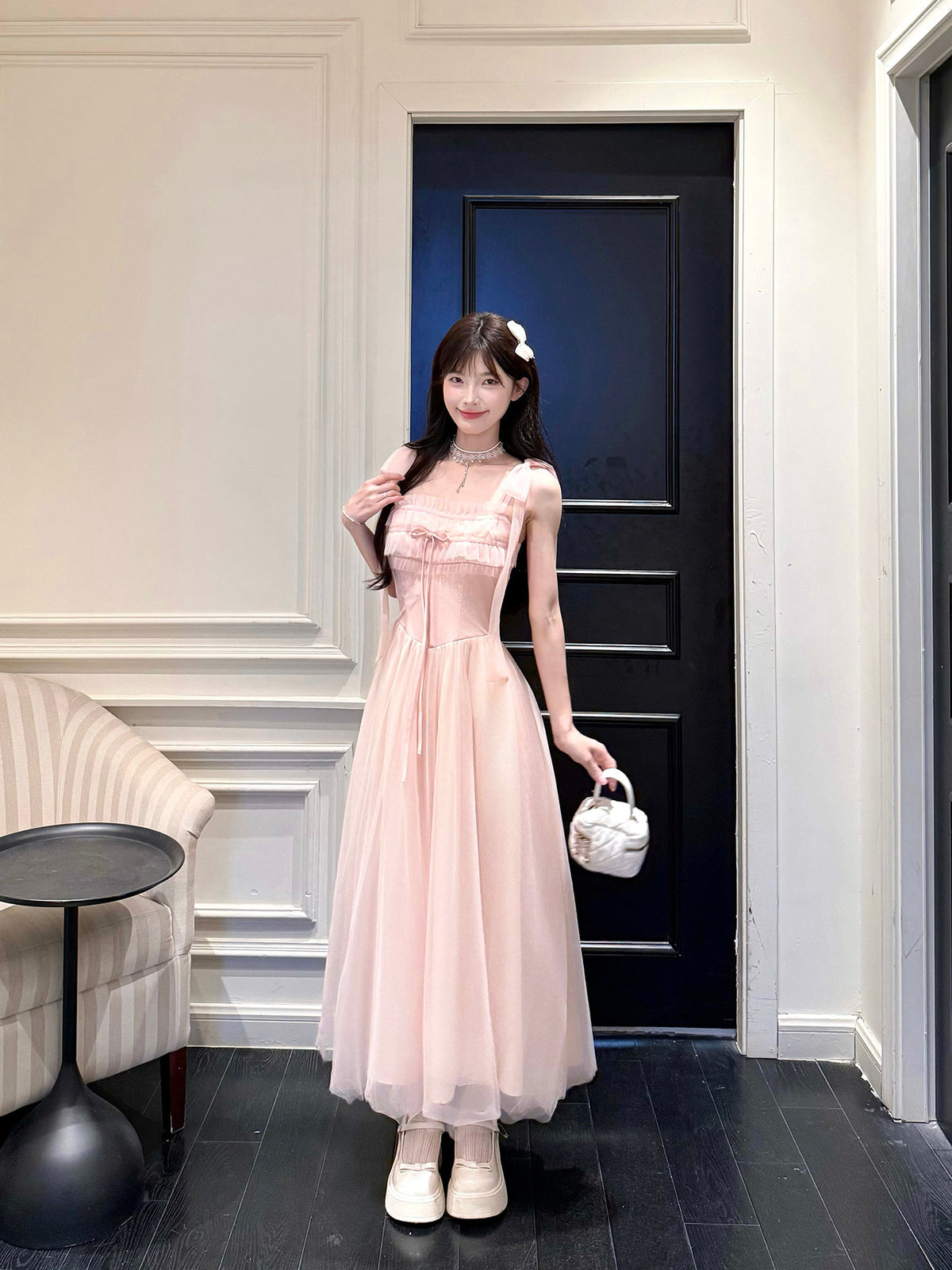 Pink Tulle Ruffle Waist Maxi Dress BEL0029