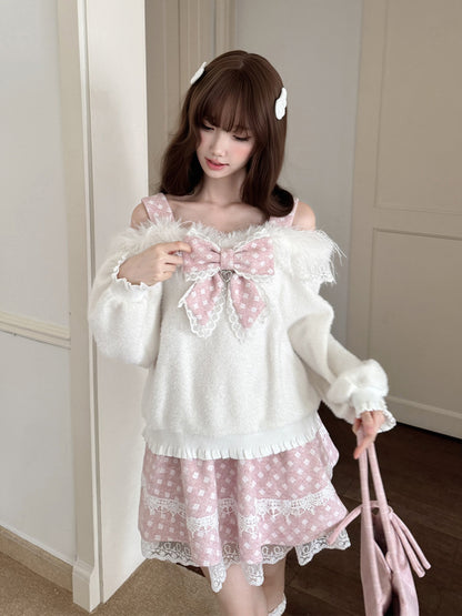Fluffy Bow Off Shoulder Knit Top LAL0145