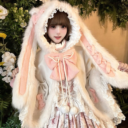 Fluffy Rabbit Ear Hooded Fur Cape YOU0227