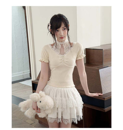 Lace Collar Cutout Ribbed Knit Top LAL0171