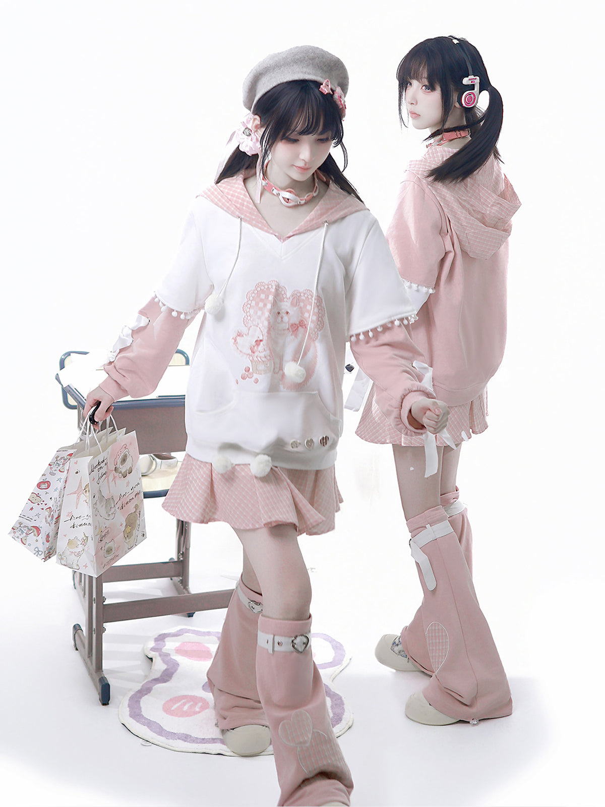 Heart Bow Cat Print Hoodie With Pleated Skirt YOU0315