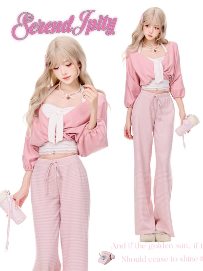 Wrap Cardigan Polka Dot Cami And Striped Wide Leg Pants Set SER0159