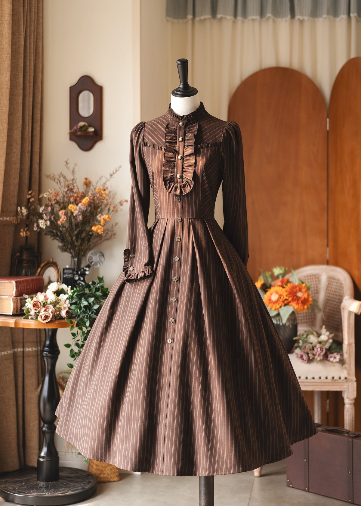 Vintage Striped High-Collar Long-Sleeve Dress FOR0064