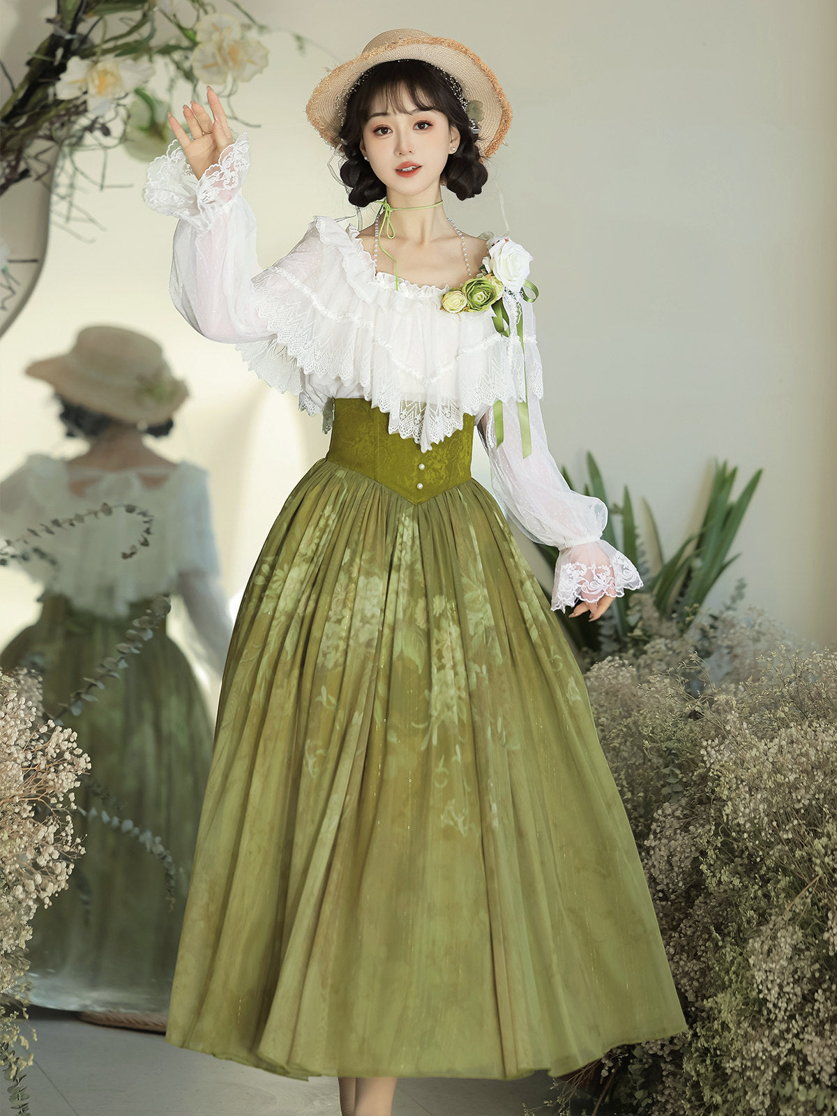 Olive Green Vintage Lace Ruffle Blouse And Skirt Set YOU0306