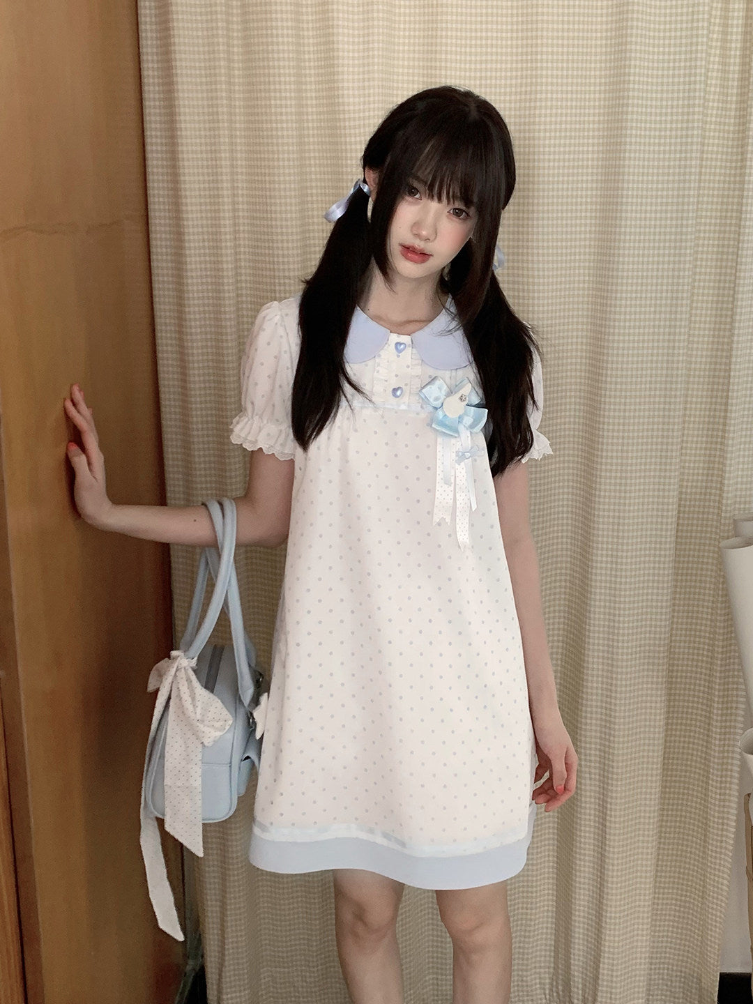Baby Blue Collar Polka Dot Babydoll Dress LAL0185