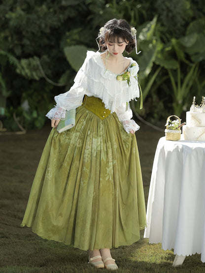 Olive Green Vintage Lace Ruffle Blouse And Skirt Set YOU0306
