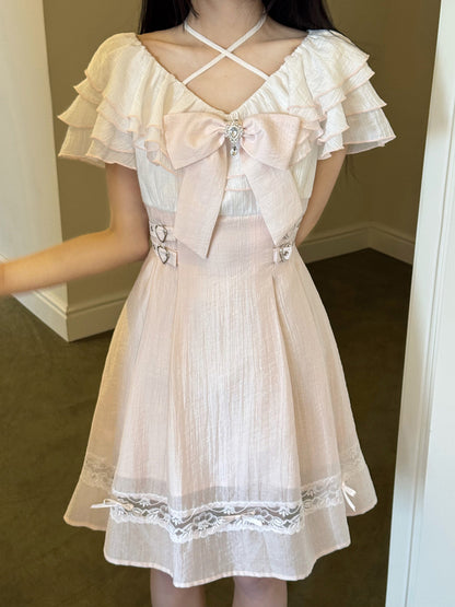 Pink Crisscross Ruffle Cape Sleeve Dress LAL0186