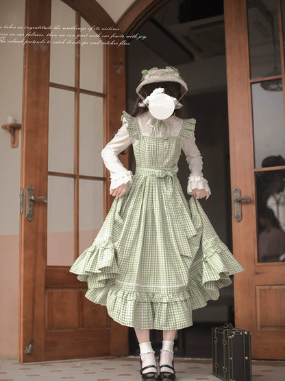 French Light Green Plaid Dress HUT0013