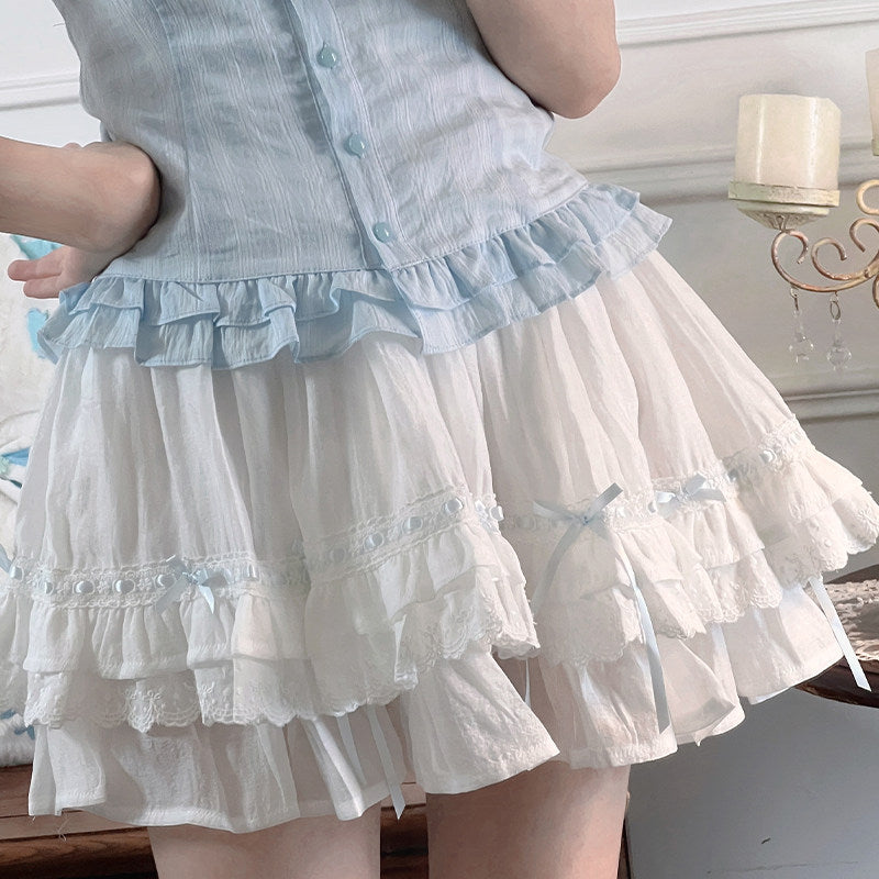 Tiered Ruffle Lace Trim Mini Skirt LAL0244
