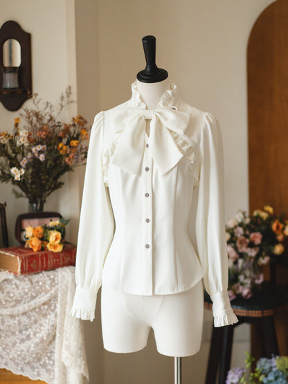 Vintage Ruffled Stand Collar Bow Shirt FOR0081