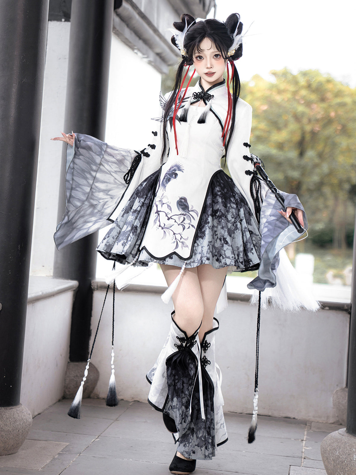 Chinese Style Magpie Feather Frog-Button Dress YOU0229