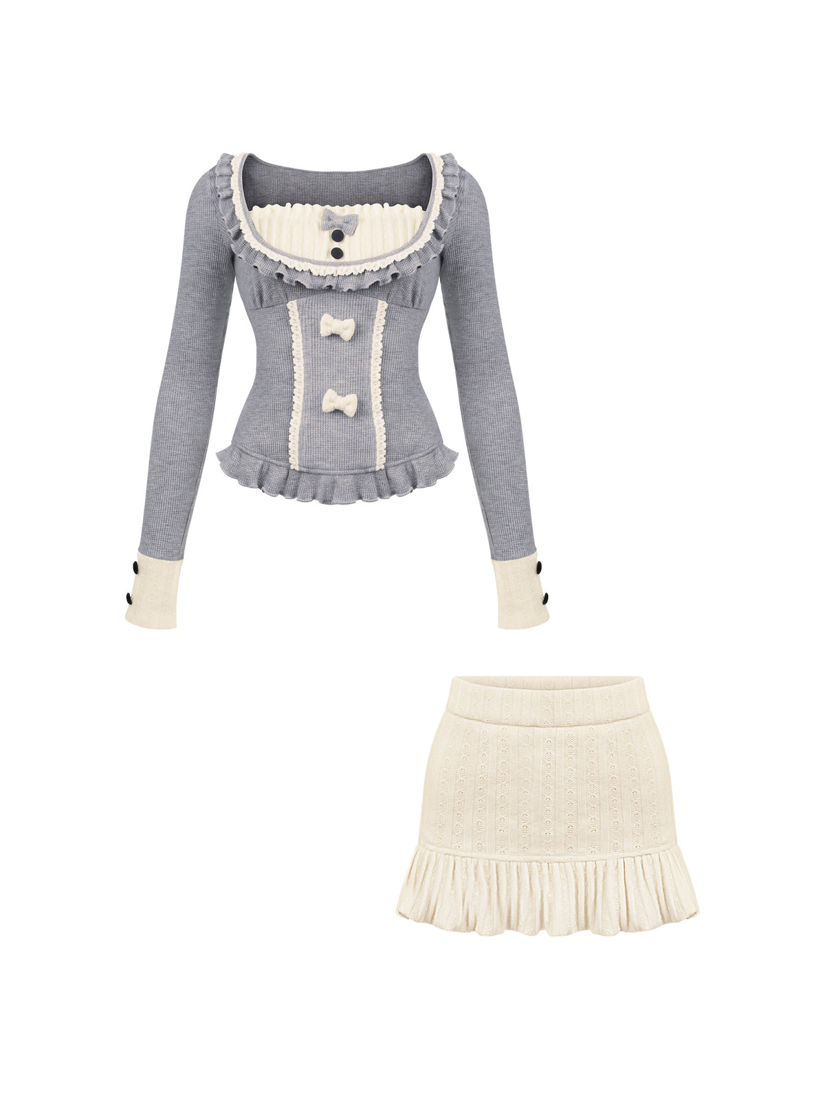 Color Block Knit Top And Ruffle Skirt Set SER0132