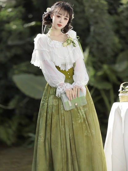Olive Green Vintage Lace Ruffle Blouse And Skirt Set YOU0306