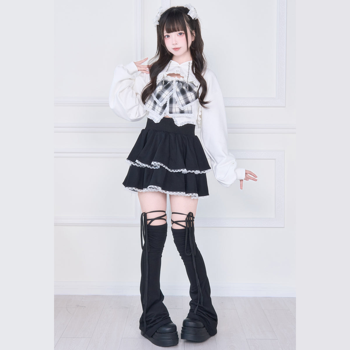 Plaid Bow Bandeau Hoodie Set NOG0039