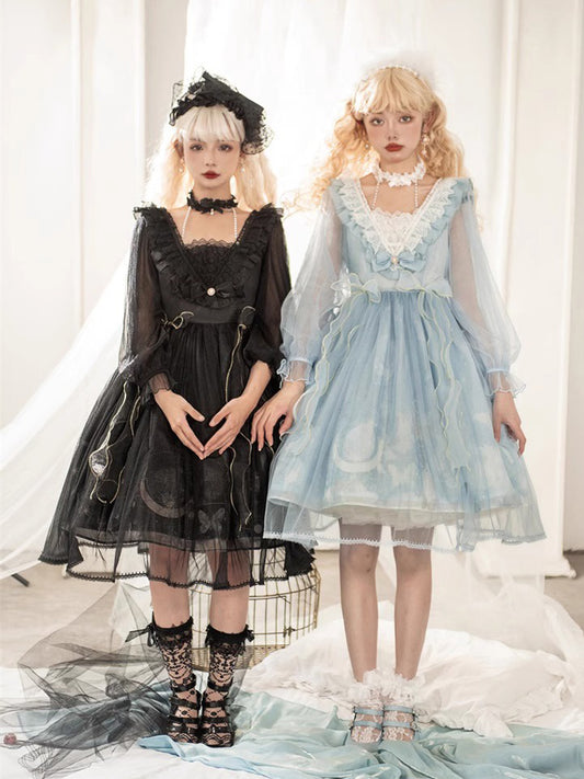 Light Blue or Black High Waist Lace Lolita Dress YOU0040