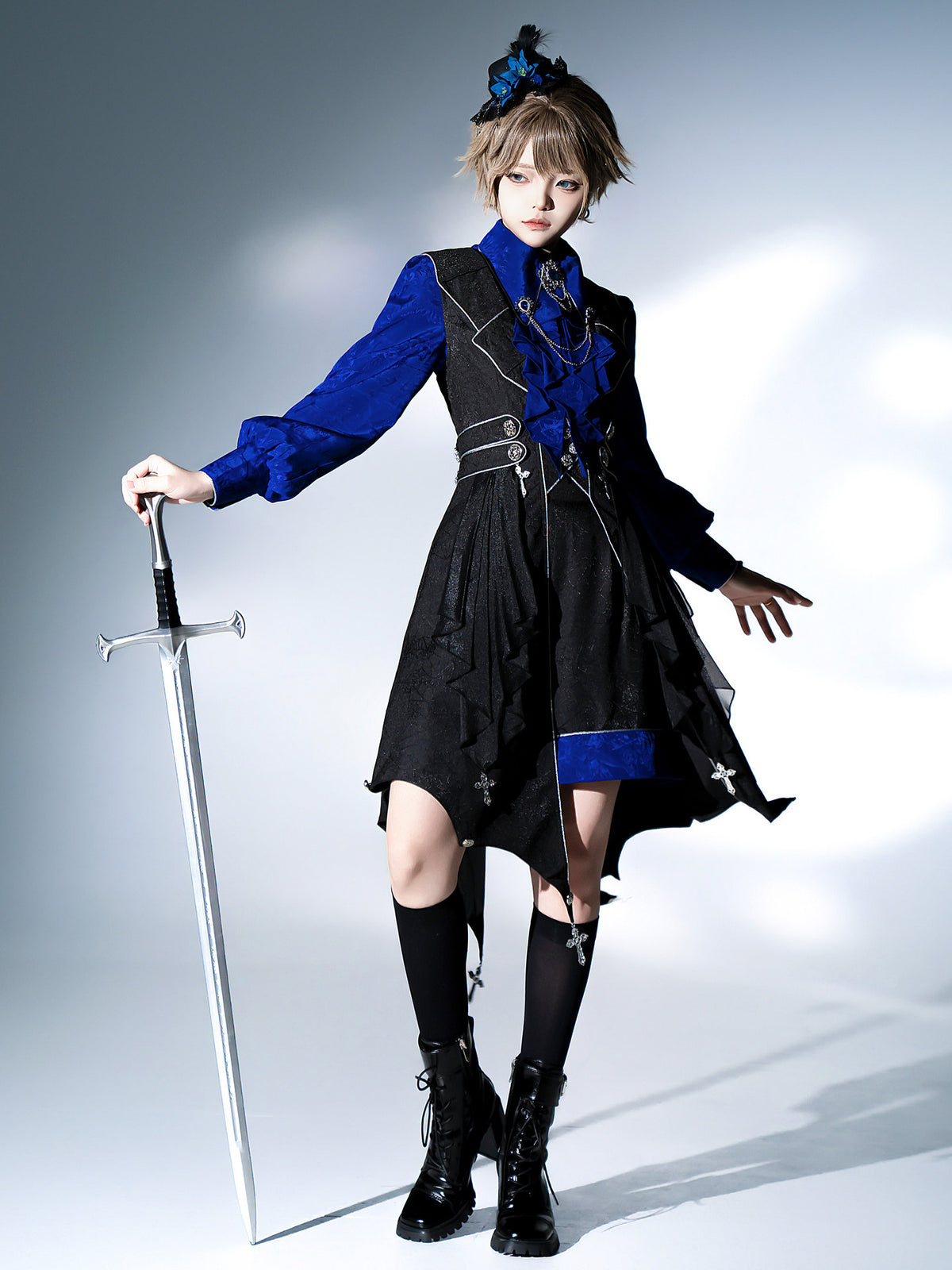 Gothic Knight Blue Shirt Vest And Shorts Set YOU0259