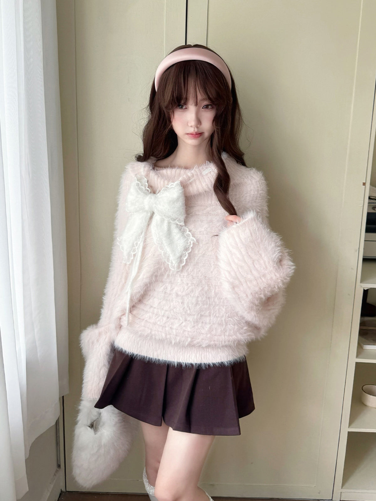 Off Shoulder Fuzzy Knit Bow Sweater LAL0238