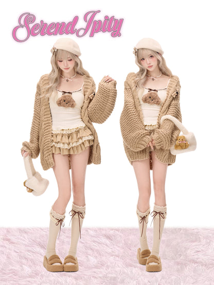 Chunky Cardigan Cami And Ruffle Skirt Set SER0135